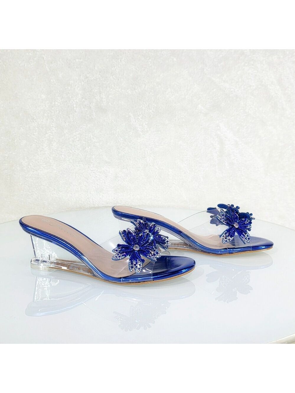 NIB NIB Eva Rhinestone Flower Blue Slip On 2.5" Wedge Heel Casual Party Shoes - Picture 6 of 11